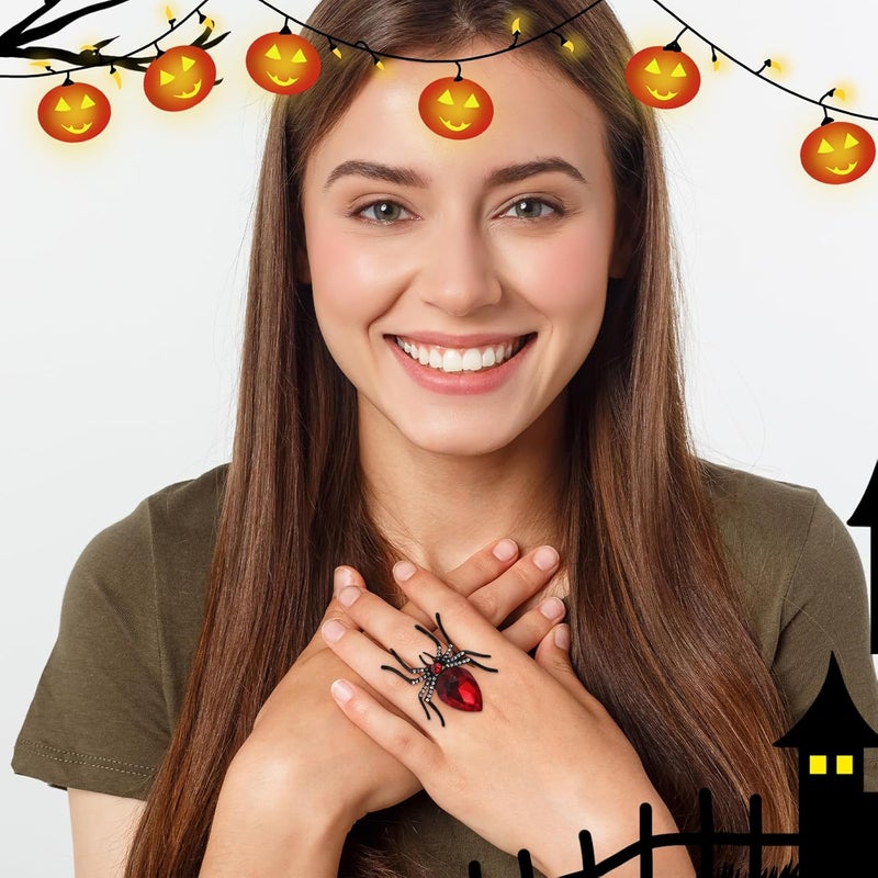 ANGLEQUEEN Punk Halloween Spider Rings for Women Knuckle Black Spider Web Bat Ring Gothic Vintage Dark Crystal Ring Red Rhinestone Statement Rings Halloween Witch Jewelry - Image 2